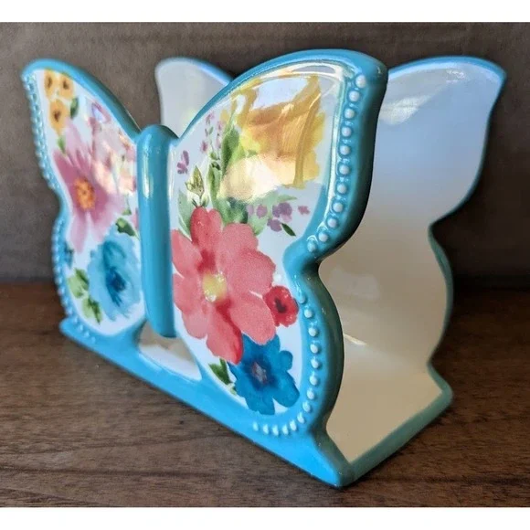 Pioneer Woman Breezy Blossom Butterfly Ceramic Napkin Holder, Teal / Floral - Picture 5 of 9
